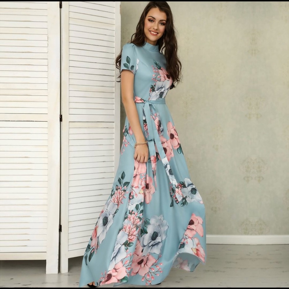 Floral Blue Ankle Length Dress
